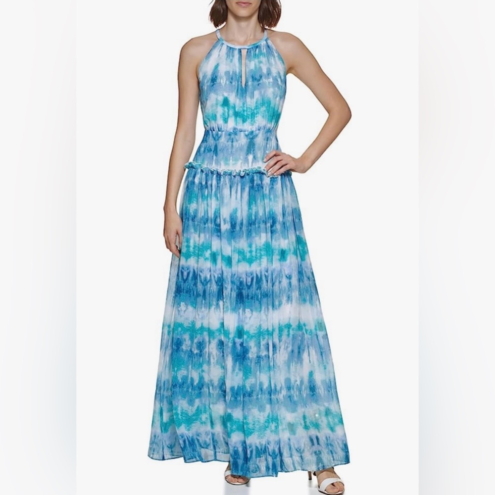 Women’s Calvin Klein Beaded Necklace Blue Tie Dye Print Gown Maxi Dress